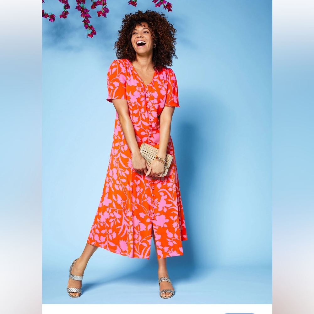 New Talbots Plus Petite Orange & Pink Floral Crepe Flutter Sleeve Dress 16WP